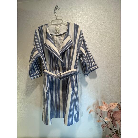 elevenses Jackets & Blazers - Elevenses‎ Anthropologie Striped Linen Blend Belted Coat Jacket Blue White Sz S